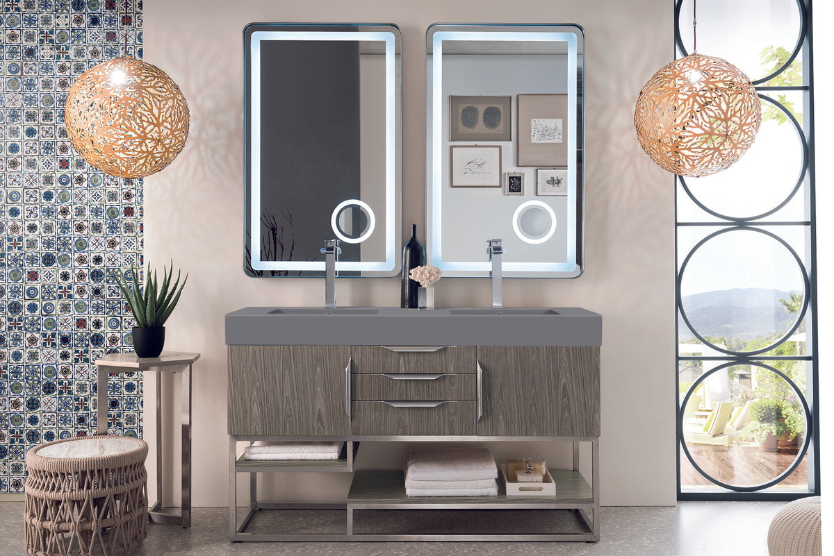 59" Columbia Double Bathroom Vanity, Ash Gray w/ Brushed Nickel Base and Dusk Grey Glossy  Composite Stone Top (Copy)