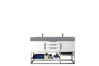 59" Columbia Double Bathroom Vanity, Glossy White w/ Brushed Nickel Base and Dusk Grey Glossy Composite Stone Top