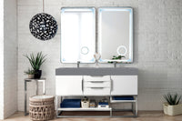 59" Columbia Double Bathroom Vanity, Glossy White w/ Brushed Nickel Base and Dusk Grey Glossy Composite Stone Top