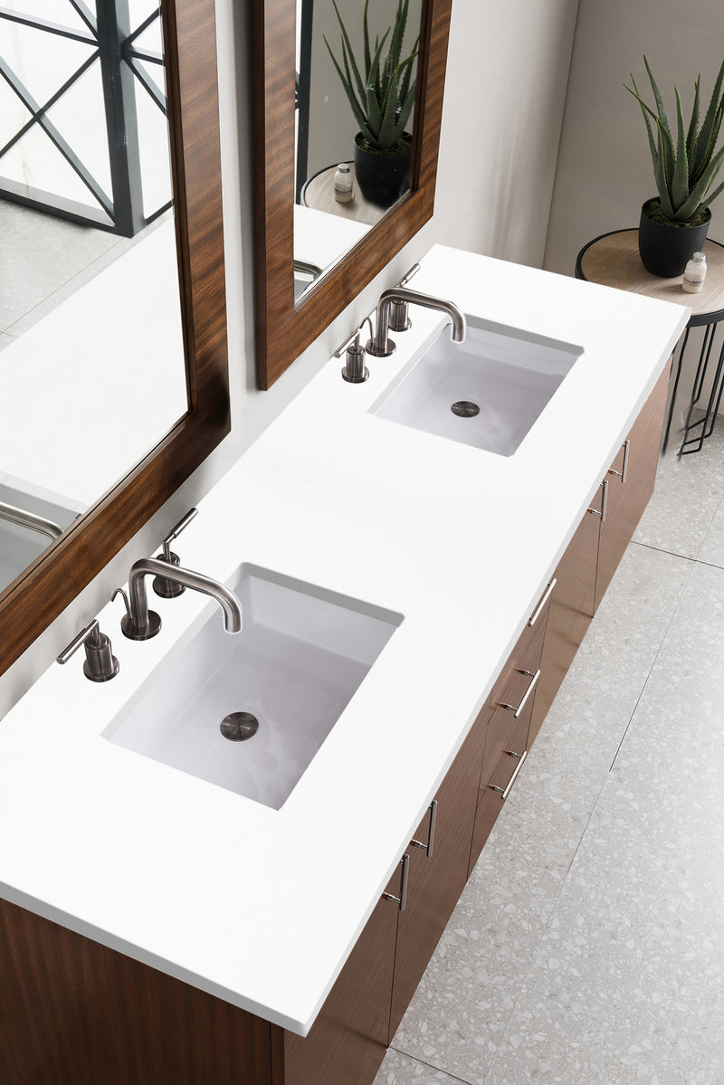 72" Metropolitan Double Bathroom Vanity, American Walnut with White Zeus Top