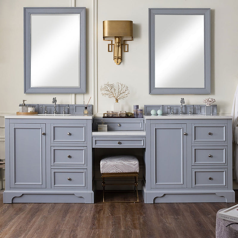 94" De Soto Double Bathroom Vanity with Makeup Counter, Silver Gray - vanitiesdepot.com