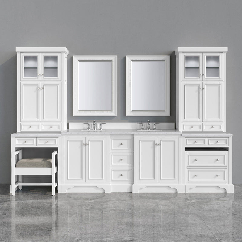 132" De Soto Bright White Double Sink Bathroom Vanity Suite with 3 cm Eternal Jasmine Pearl Quartz Top